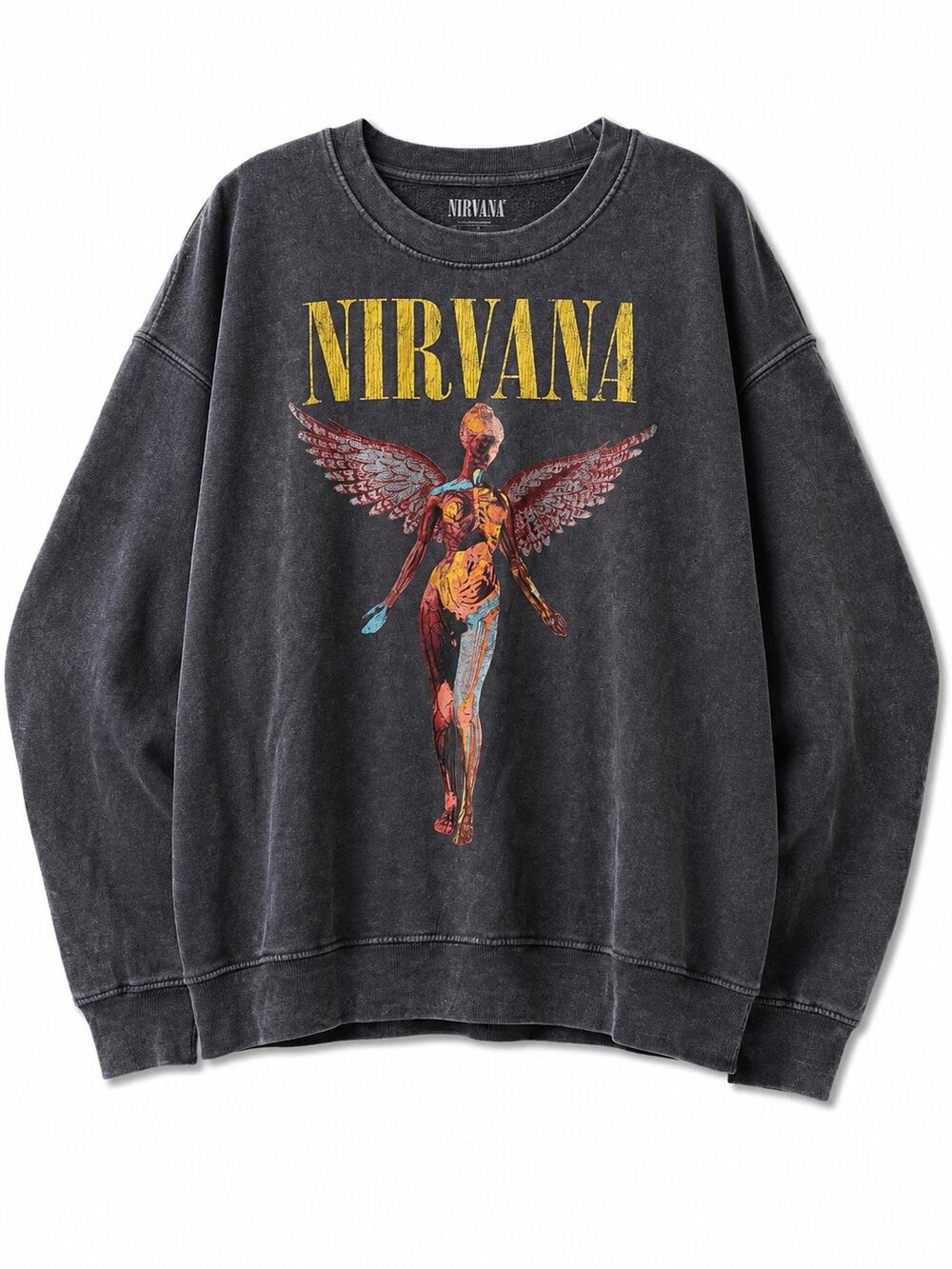 NIRVANA Black Graphic Angel Crewneck Sweatshirt with Yellow Logo